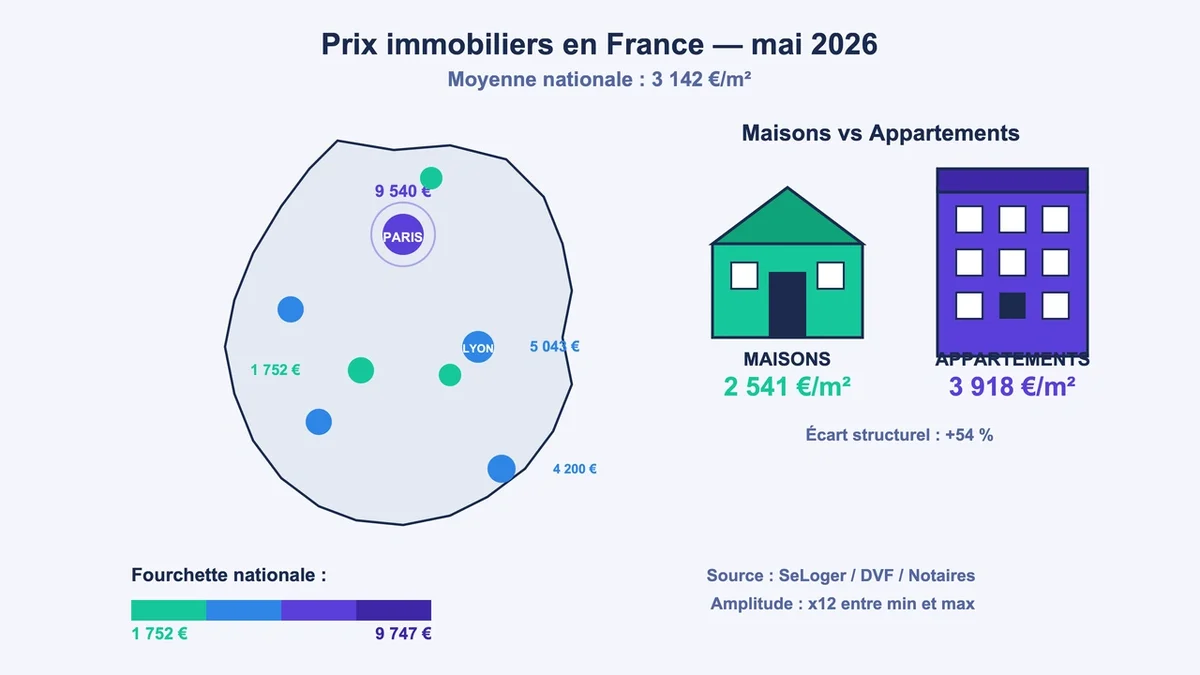 Carte des prix immobiliers en France montrant des variations entre maisons et appartements