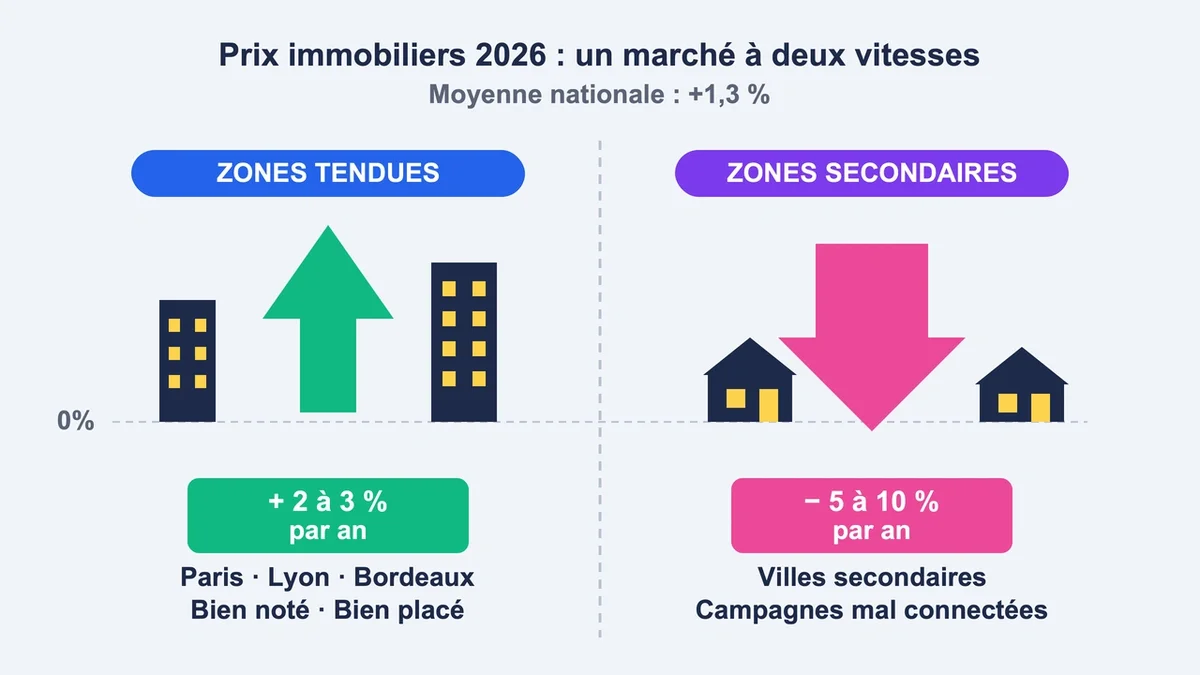 Graphique illustrant l'évolution des prix immobiliers en France en 2026 avec disparités régionales