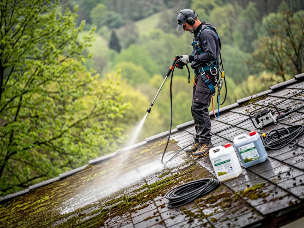 Personne nettoyant un toit dans une vallée humide au printemps, entourée d'arbres