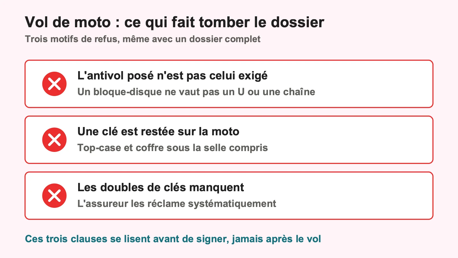 Les trois motifs de refus d'indemnisation les plus fréquents sur un dossier de vol de moto