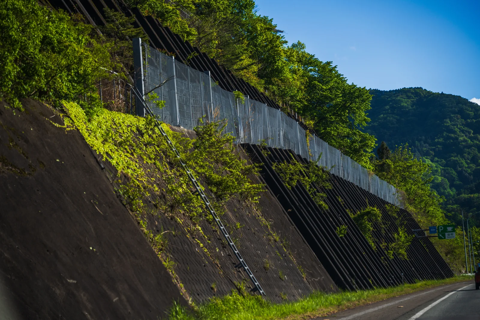 Filet de protection contre les chutes de blocs au-dessus d'une route de montagne