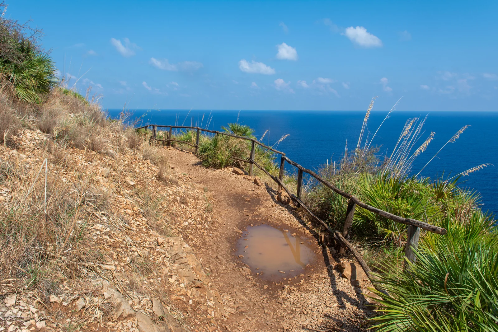 Sentier du littoral désert longeant des falaises au-dessus de la Méditerranée